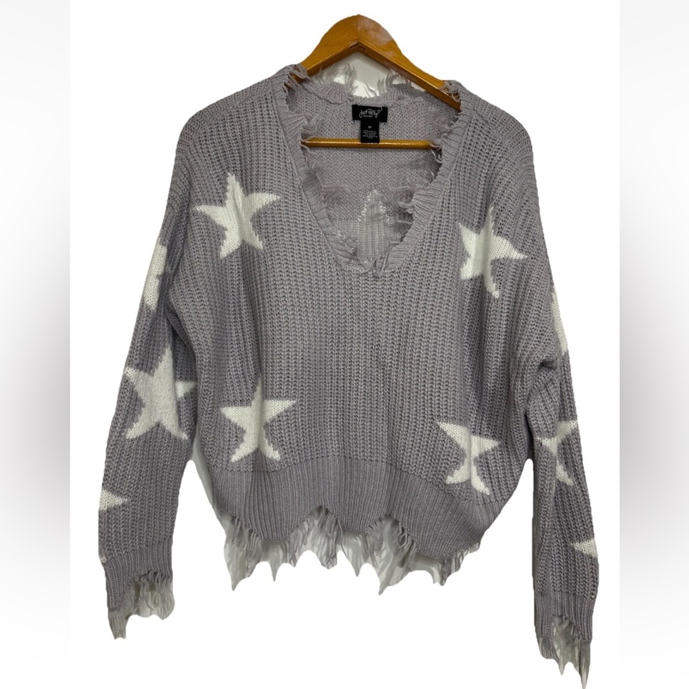 Just Polly New York Sweater Women’s M Purple Cropped Distressed Star Shark Bite - Picture 2 of 8